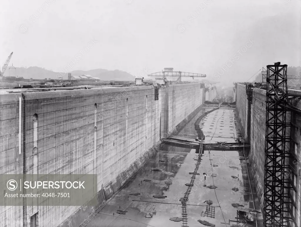 Panama Canal construction showing massive locks before the gates were installed. Ca. 1912.