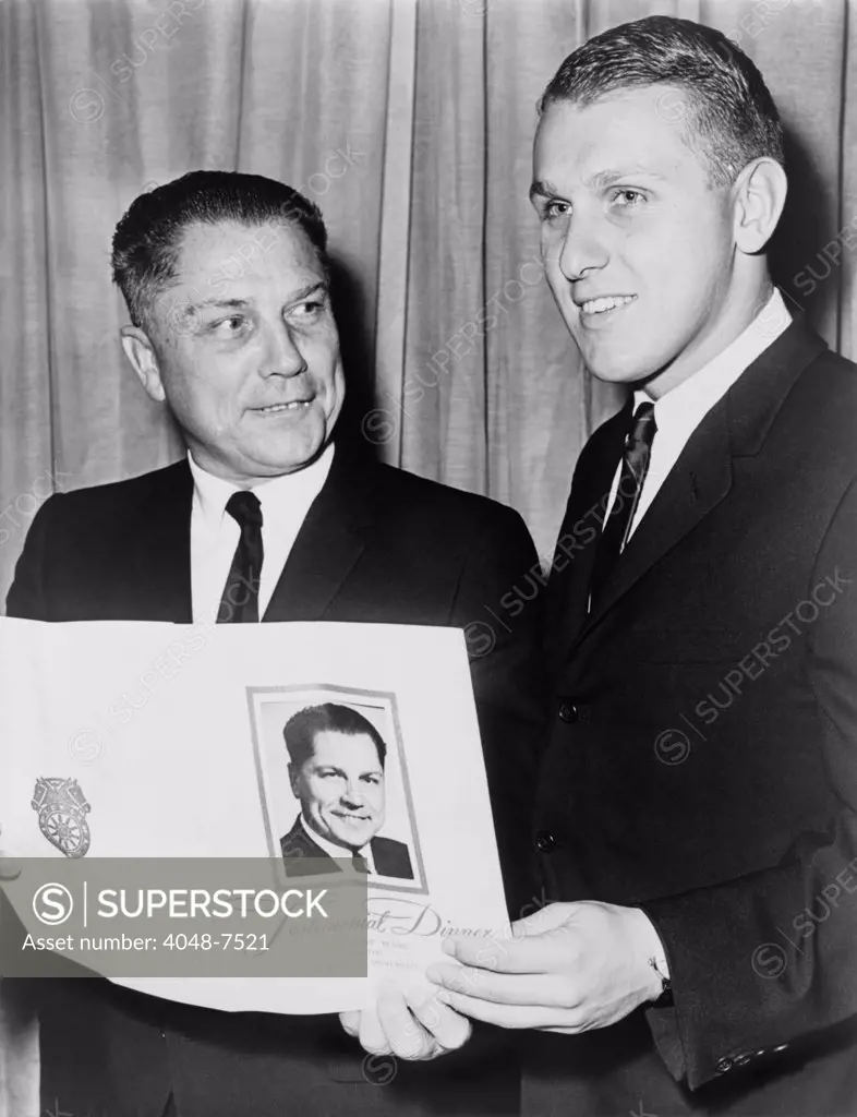 James P. Hoffa (B. 1941), with his father James R. Hoffa (1913-1975), at testimonial dinner in 1966. The younger Hoffa was elected President of the Teamsters Union for three successive terms in 1998, 2002, and 2006.