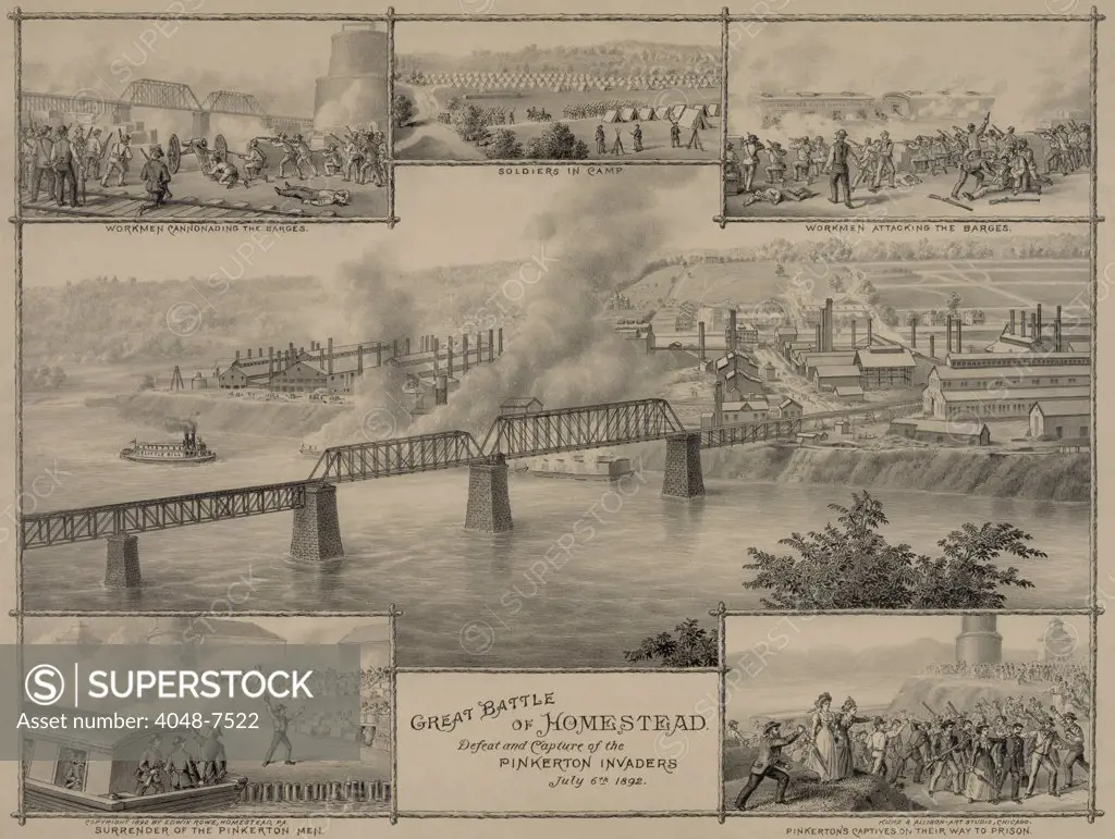Great Battle of Homestead, The Defeat and Capture of the Pinkerton Invaders. Commemorative prints with six scenes of the violent events of July 6, 1892, when Pinkerton Guards hired by Carnegie Steel were attacked by strikers as the attempted to debark from barges at Homestead.