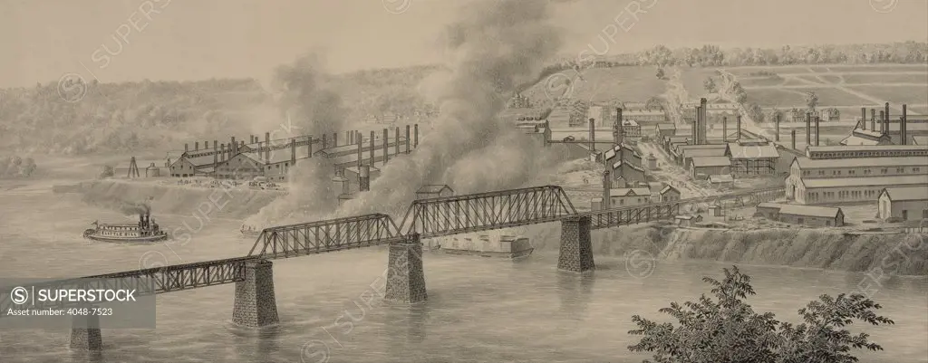 Great Battle of Homestead took place at the Homestead Steel mills. Scene shows the barges that transported the Pinkerton guards' burning in the Monongahela River. July 6, 1892.