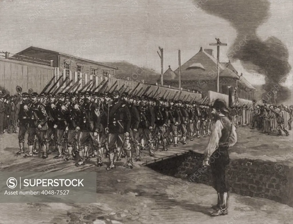 The First Troops in Homestead on July 12, 1892. The town had been in the control of the strikers until the Pennsylvania state militia of 4,000 soldiers displaced the strikers in 20 minutes. Company officials were allowed back into the mills and another 2,000 troops reserve troops camped nearby.