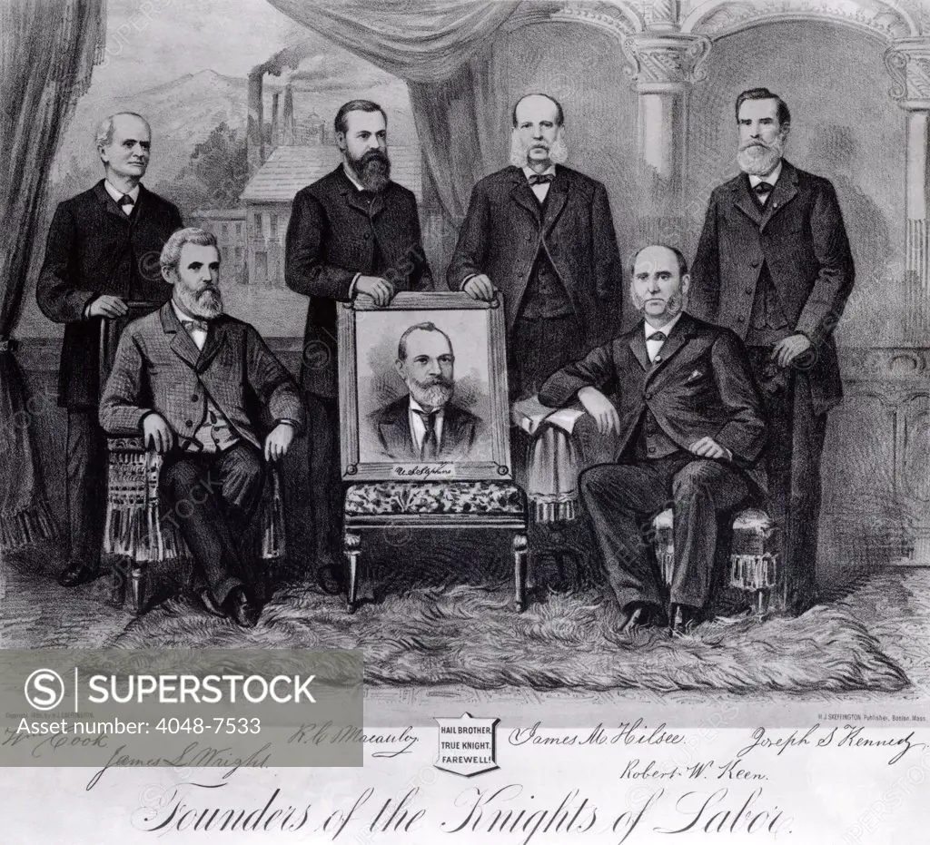 Founders of the Knights of Labor in 1886. Front Row: James S. Wright, portrait of Uriah S. Stevens, Robert W. Keen. Back row, L to R.: William Cook, R.C. Macaukey, James M. Hilsee, Joseph S. Kennedy. Seated left is James S. Wright, seated right is Robert W. Keen. 1886 by H.J. Skeffington.