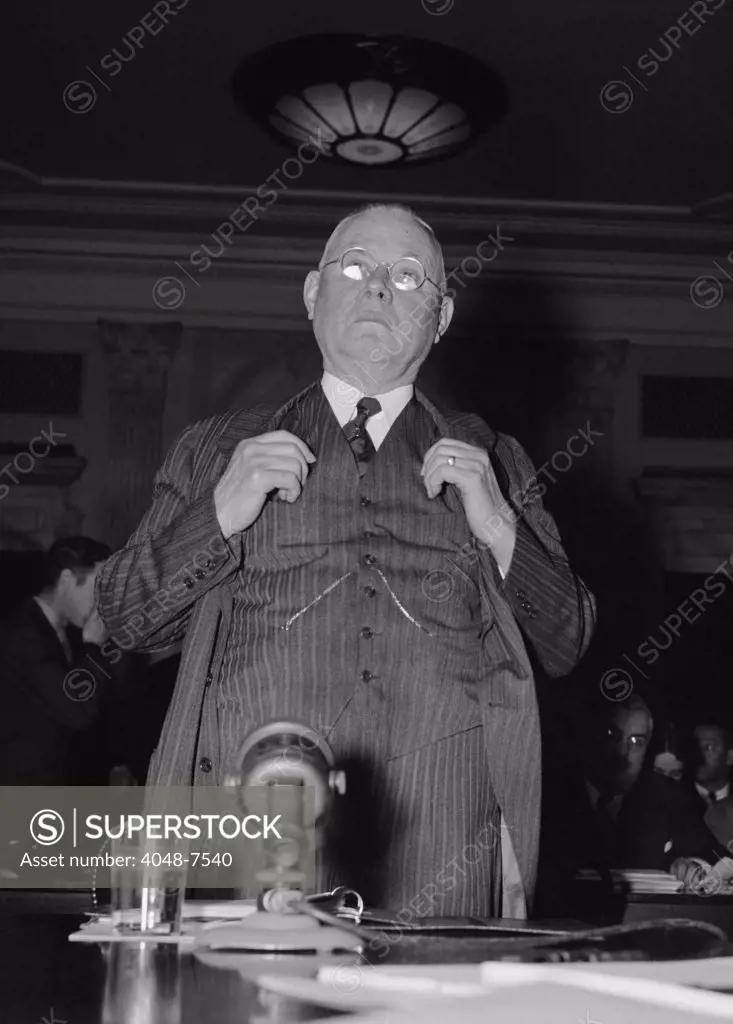 William Green (1873-1952), President of the American Federation of Labor (AFL), before the Senate Education and Labor Committee. He accused the National Labor Relations Board of dictator tactics and bias toward a competing union, the CIO (Congress of Industrial Organizations). May 1, 1939.