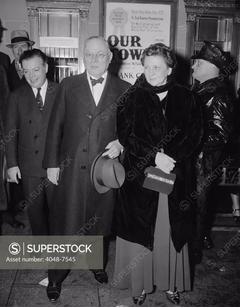Secretary of Labor Frances Perkins and AFL President William Green at the National Theater attending PINS AND Needles, a stage production by International Ladies Garment Workers Union, Dec. 6, 1938.