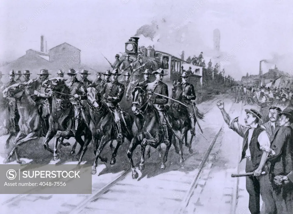 During the Pullman Strike of 1894, the first meat Train leaving Chicago Stock Yards was escorted by United States Cavalry, July 10, 1894.