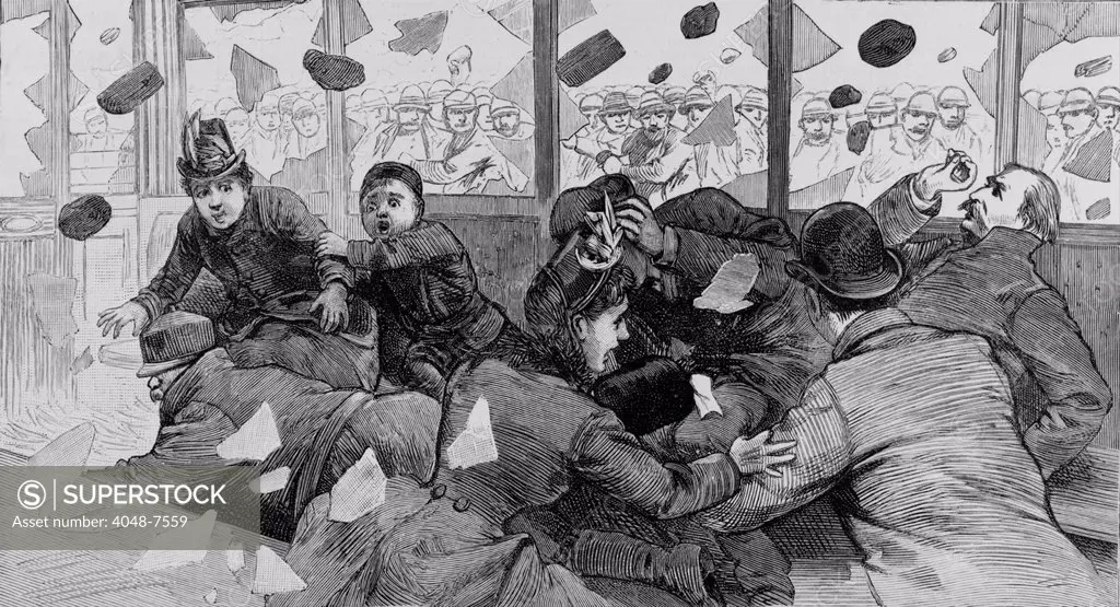 TOP: Passengers inside a South Boston Street car are showered with broken glasses as strikers throw rocks and bricks in February 1887. BOTTOM: Police charging on the rioters.