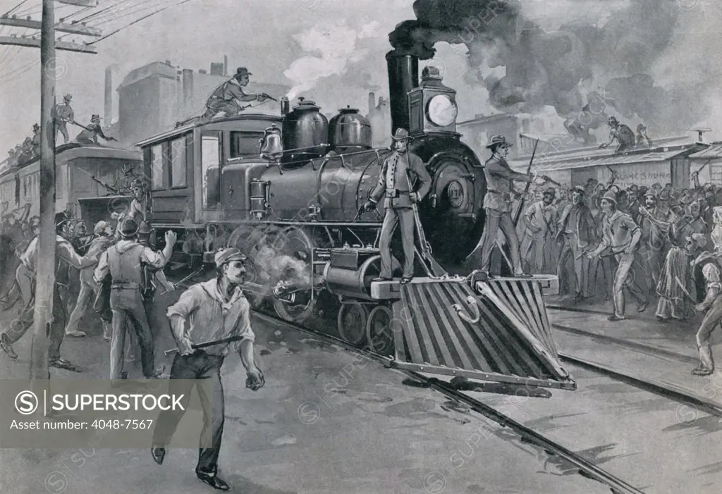 Federal troops guard a train against strikers during the Pullman Strike. July 1894.