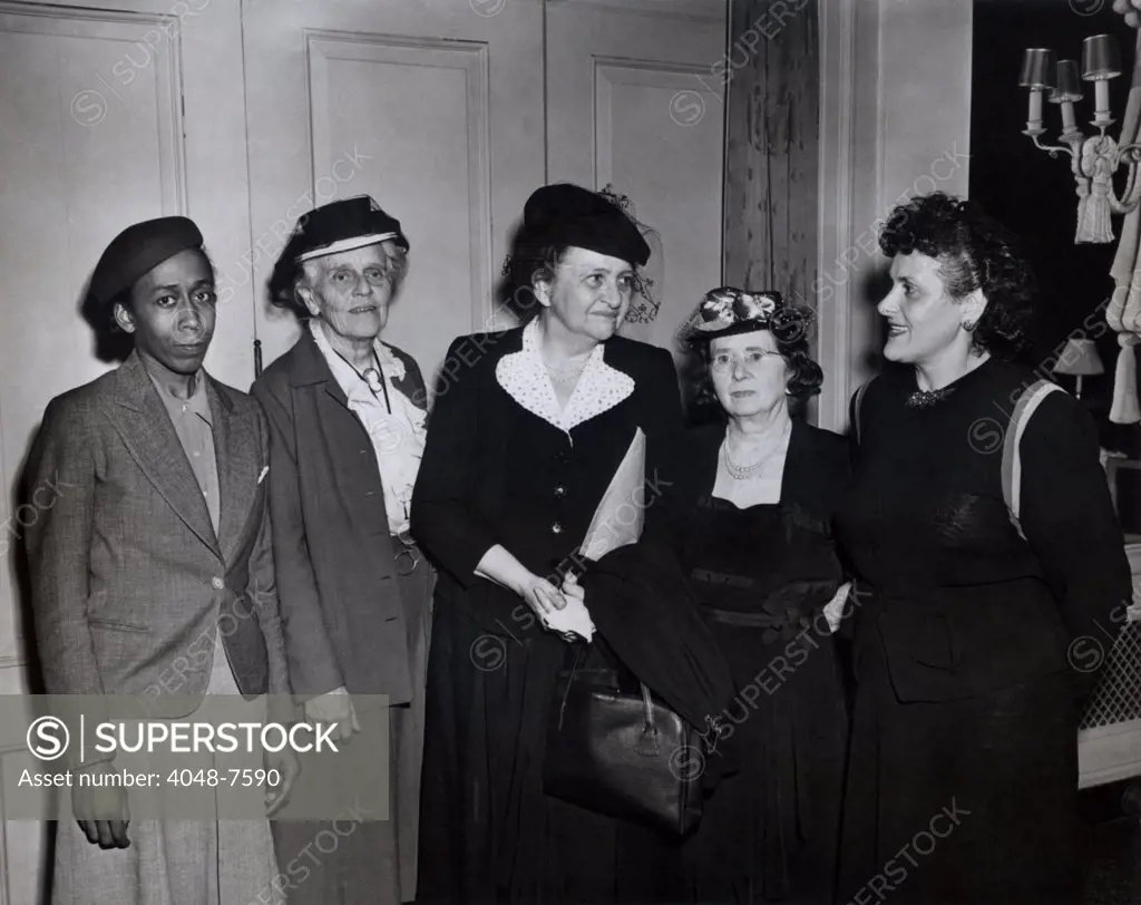 American women labor leaders with Secretary of Labor, Frances Perkins. Left to Right: Unidentified, Mary Dreier, Frances Perkins, Rose Schneiderman, Rose Pessota. Ca. 1935.