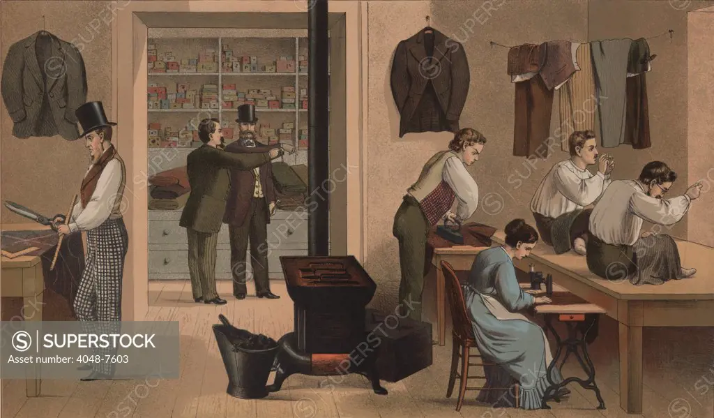 Men and a woman working in a tailor shop, where each garment was custom made for each customer. The sewing machine powered by a foot treadle performed seaming, but more complex sewing was done by hand. In the background the head tailor attends to a customer.