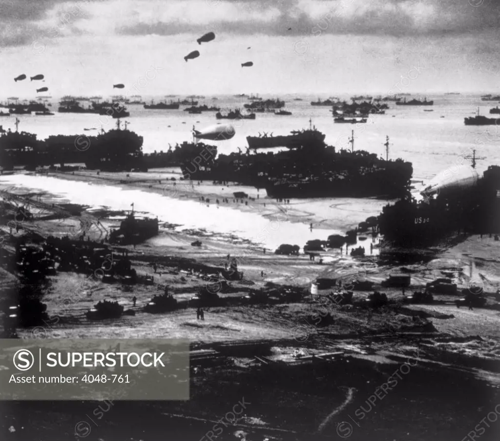 World War II, Allied ships landing military supplies on Omaha Beach after the D-Day invasion, 1944.