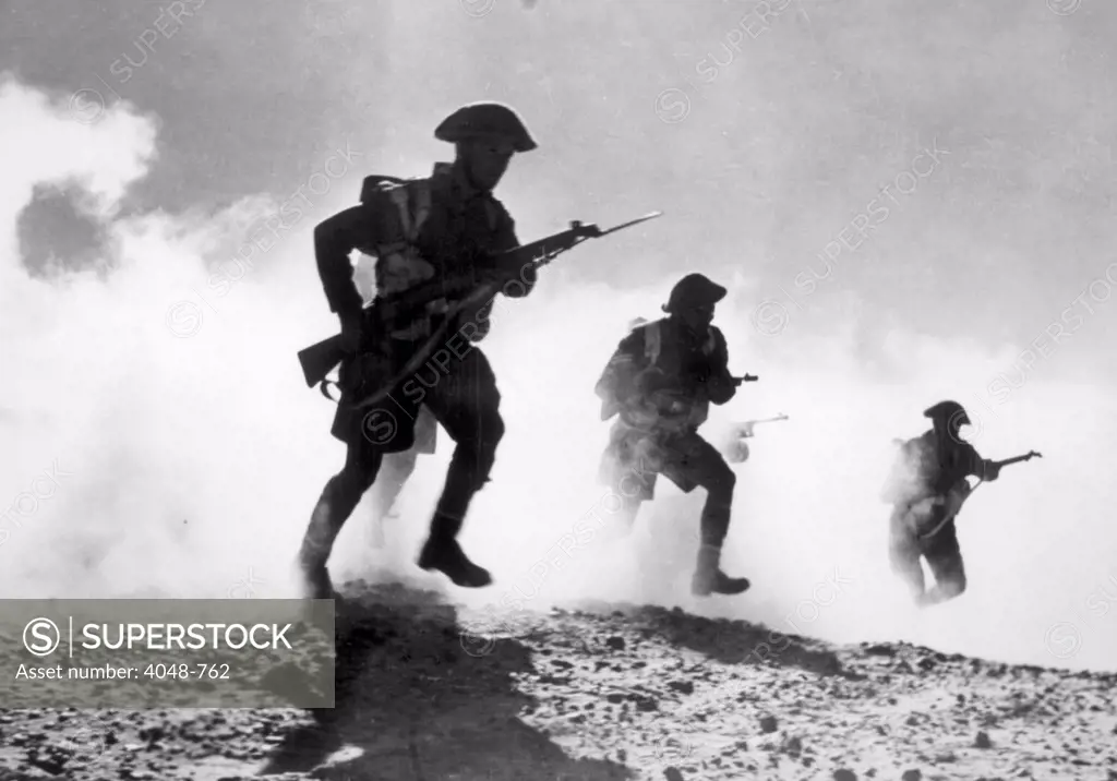 World War II, British troops advancing during the Battle of El Alamein, 1942.