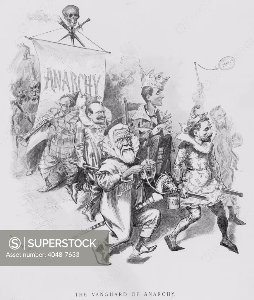 THE VANGUARD OF ANACHY, caricatures Eugene Debs, wearing crown labeled 'Debs Am. Railway Union', being carried by Gov. Morrison Waite, John Altgeld, Sen. William Peffer, Edwin Markham and Gov. SylvesterPennoyer. July 1894 cartoon by W.A. Rogers, portraying prominent socialists and populists as fools and clowns.
