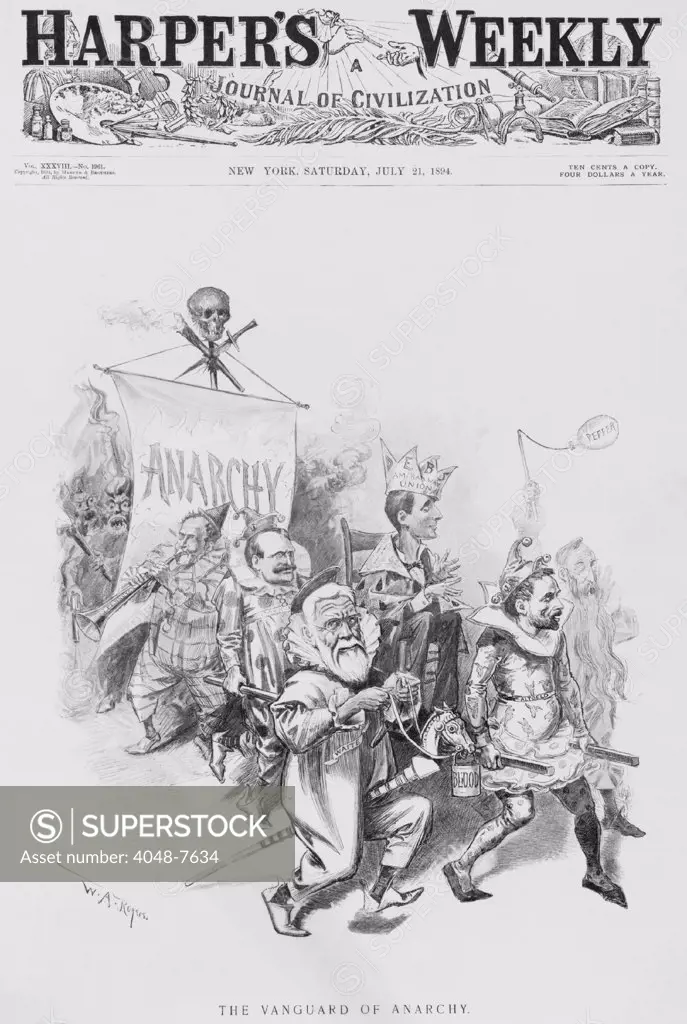 THE VANGUARD OF ANACHY, caricatures Eugene Debs, wearing crown labeled 'Debs Am. Railway Union', being carried by Gov. Morrison Waite, John Altgeld, Sen. William Peffer, Edwin Markham and Gov. SylvesterPennoyer. July 1894 cartoon by W.A. Rogers, portraying prominent socialists and populists as fools and clowns.