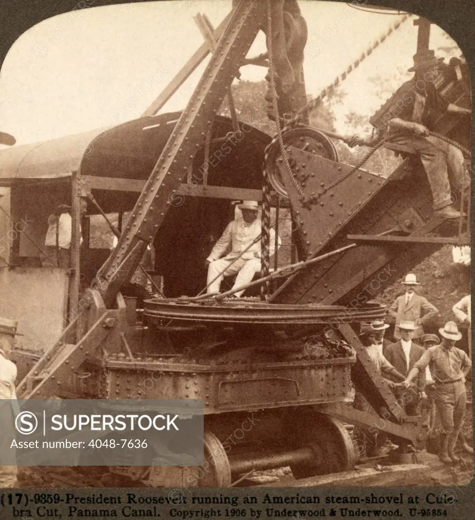President Roosevelt running an American steam-shovel at Culebra Cut, Panama Canal, on November 30, 1906.