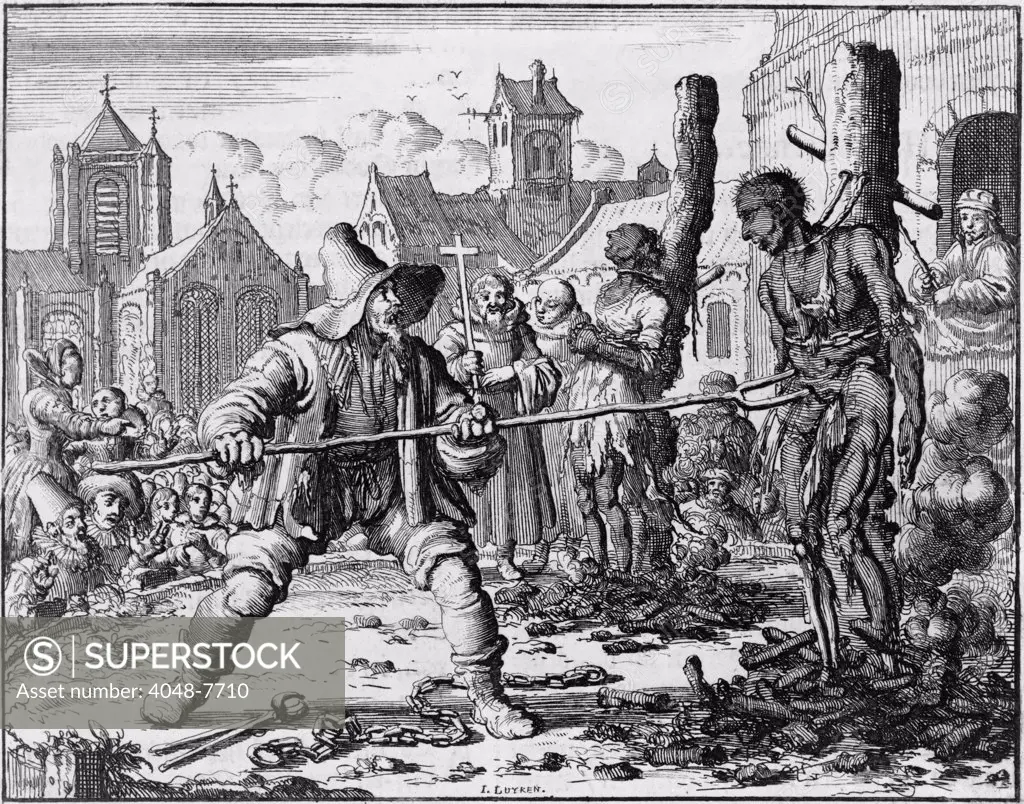 Execution of David van der Leyen and Levina Ghyselins Dutch Anabaptists or Mennonites by Catholic authorities in Ghent in 1554. Strangled and burned van der Leyen was finally dispatched with an iron fork. From Bracht's MARTYR'S MIRROR 1660.