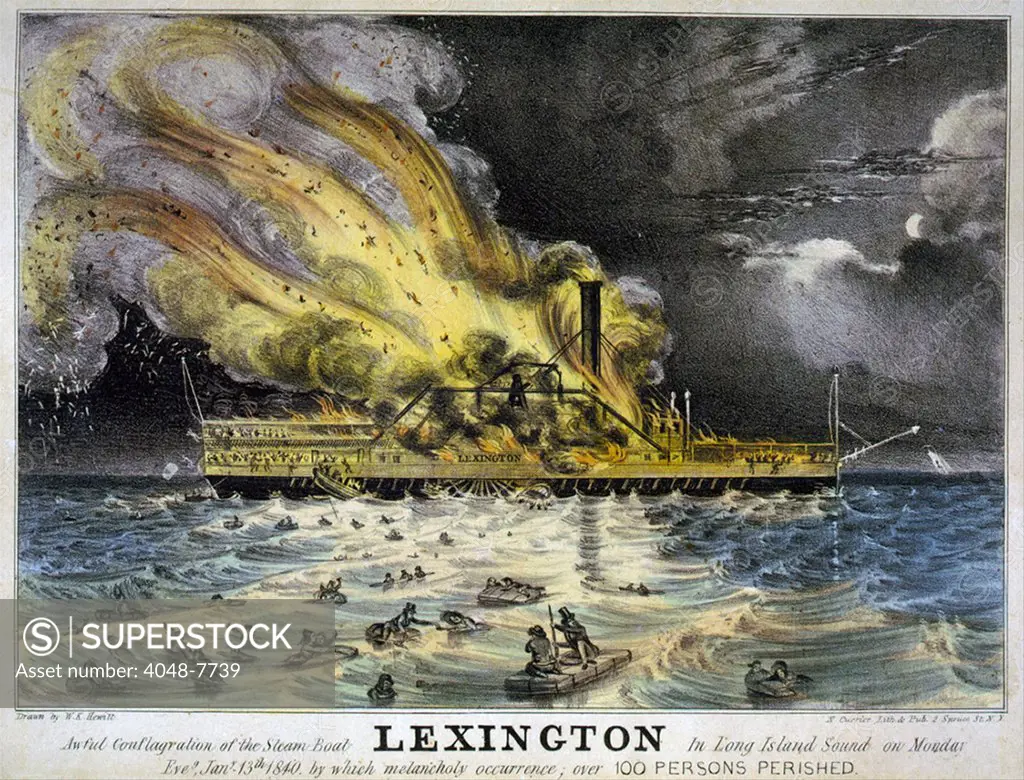 Disastrous fire on steam boat Lexington in Long Island Sound on January 13 1840 killing all but 4 of its 143 passengers. The Lexington has previously been owned by Cornelius Vanderbilt and was the fastest ship on the New York to Boston route. LC-USZC4-3102