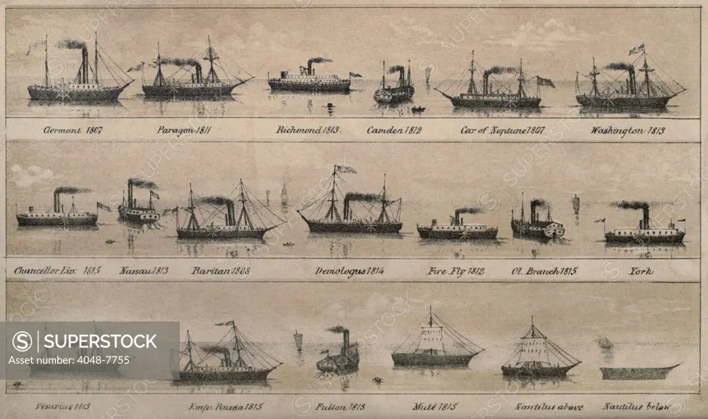 Print depicting 19 early steamships built between 1807 and 1815 including Robert Fulton's CLERMONT and NAUTILUS. lifeofrobertfult00reigrich_0024
