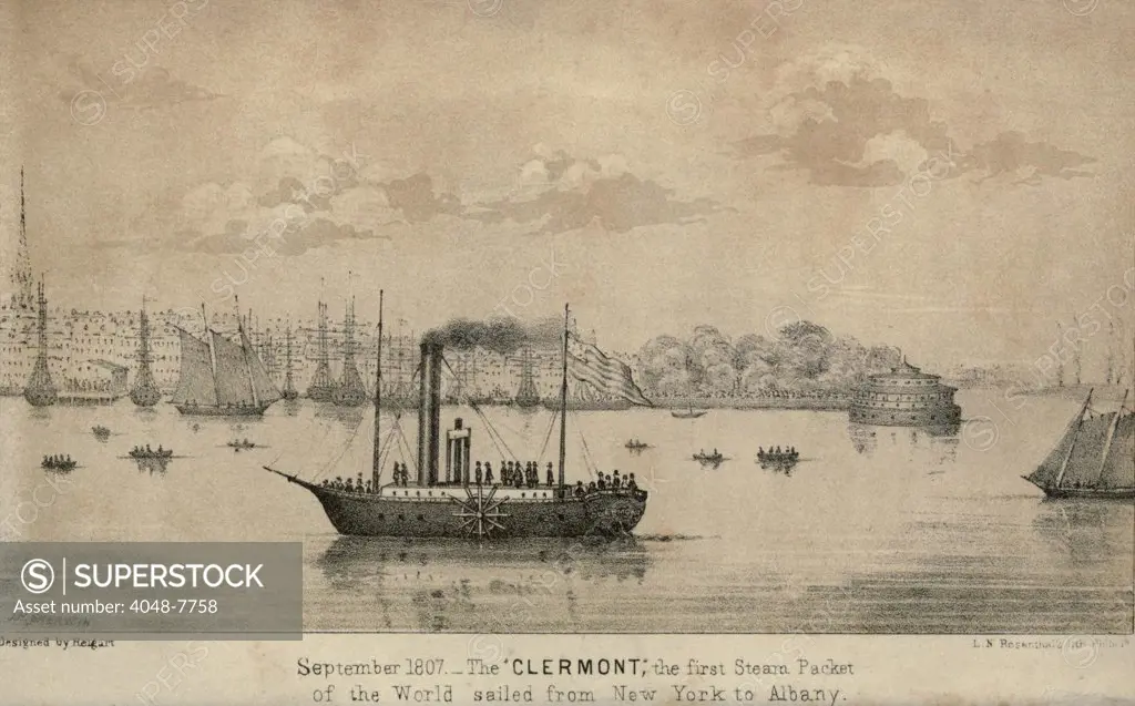 The CLERMONT Robert Fulton's first steamship starting its first New York to Albany voyage. It sailed 150 miles upstream in 32 hours at an average speed of five mile per hour. August 17-18 1807. lifeofrobertfult00reigrich_0239