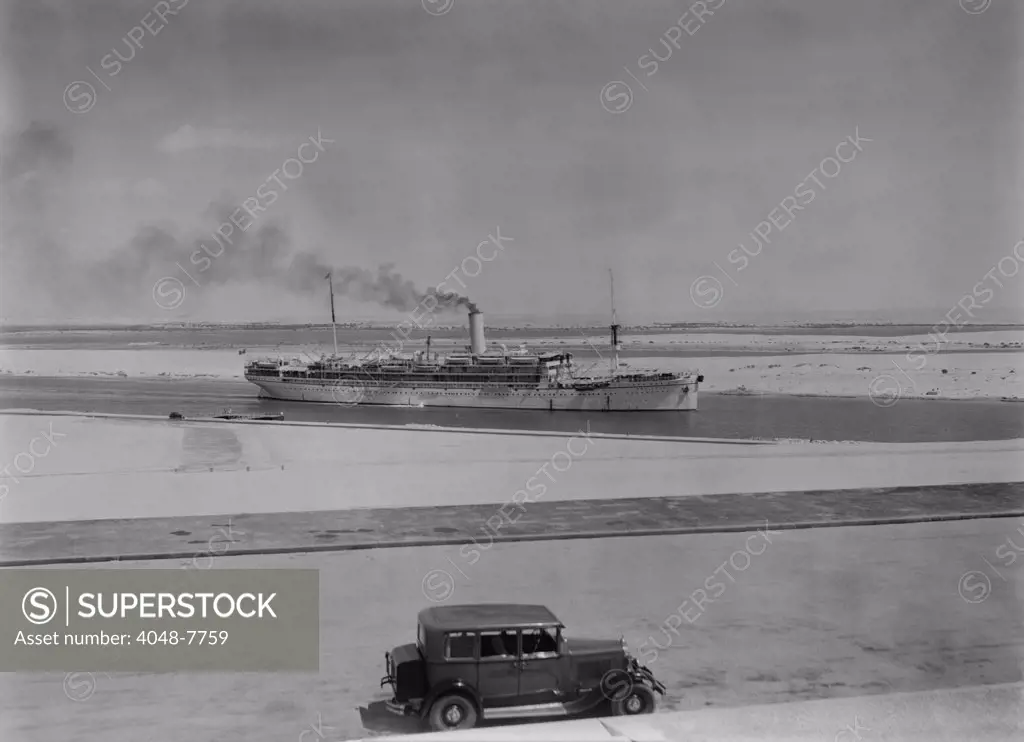 Ocean liner AQUILEIA passing through the Suez Canal at Ismailia. Ca. 1935. LC-DIG-matpc-03809