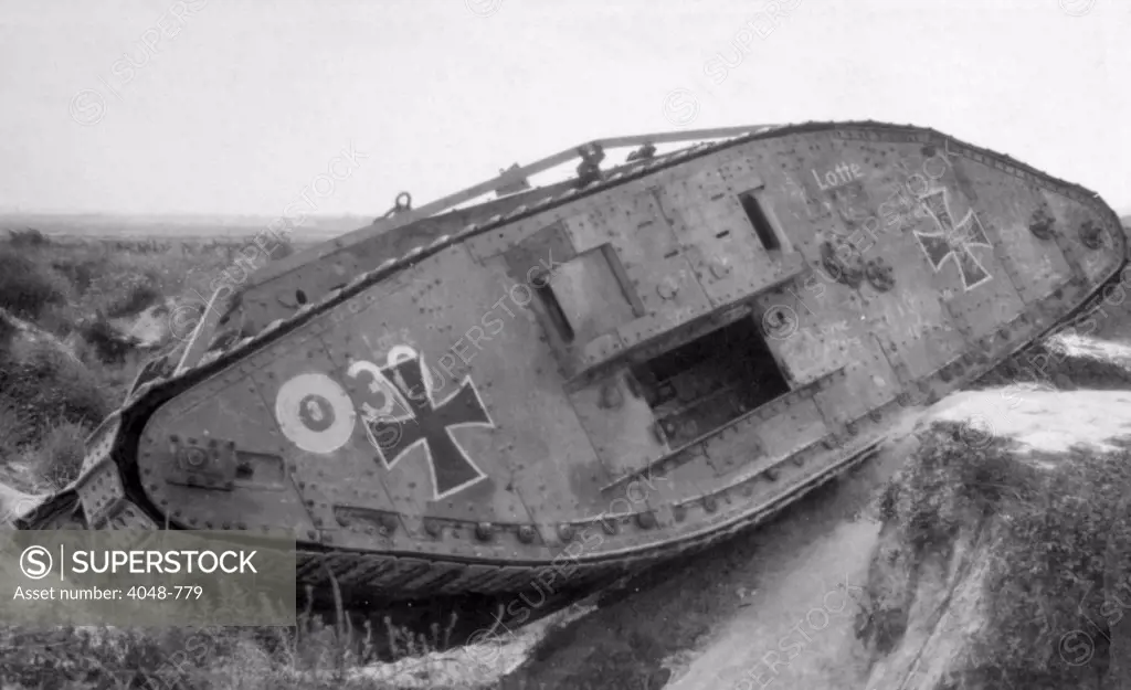 World War I, German tank on the Hindenburg Line, 1918