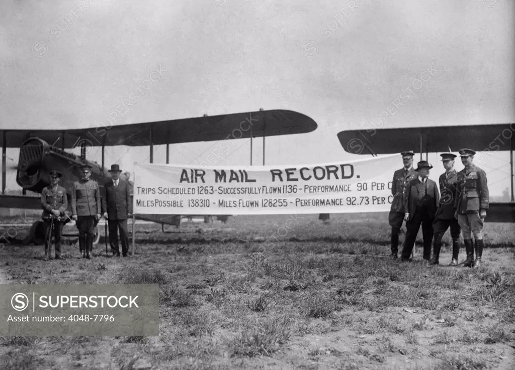 Post Master General Albert S. Burleson with officers from the Army-Air Force commemorate the first year of Air Mail in the United States. May 19 1919. LC-DIG-npcc-18659