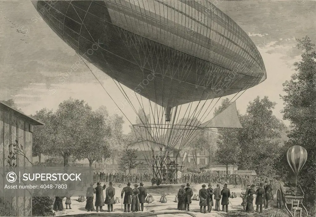 Airship powered by an electric motor developed by Albert and Gaston Tissandier departing from Auteuil Paris France October 8 1883. It was the world's first electric powered flight. LC-DIG-ppmsca-02461