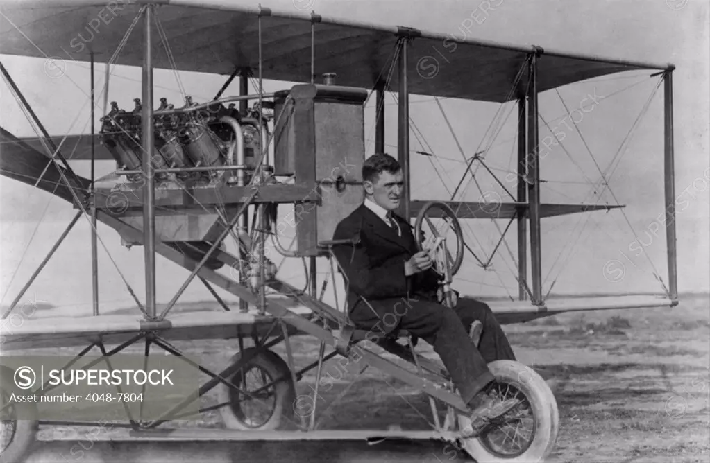 Lincoln J. Beachey 1887-1915 a celebrated American aviator and stunt pilot an in 1912 bi-plane. He performed dives loops and upside-down flight and died on March 14 1915 in a crash during a performance over San Francisco. LC-USZ62-17970