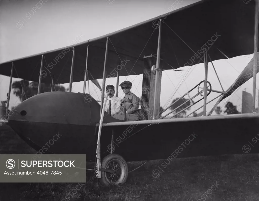 Orville Wright 1871-1948 and his sister Katharine aboard the Wright Model HS airplane in 1915 the year he sold the WRIGHT COMPANY and gradually retired from active flying. Orville never married and refused to speak to Katherine after her 1926 marriage. LC-DIG-ppprs-00588