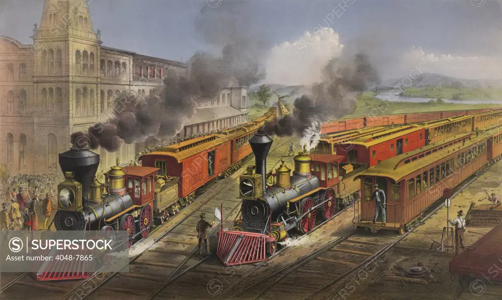 American railroad scene shows Lightning Express trains leaving the junction in 1874