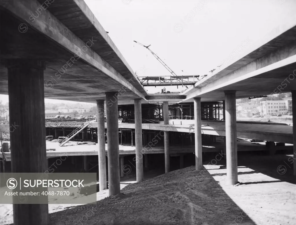 Four-level clover leaf Expressway intersection under construction near downtown Los Angeles in 1949