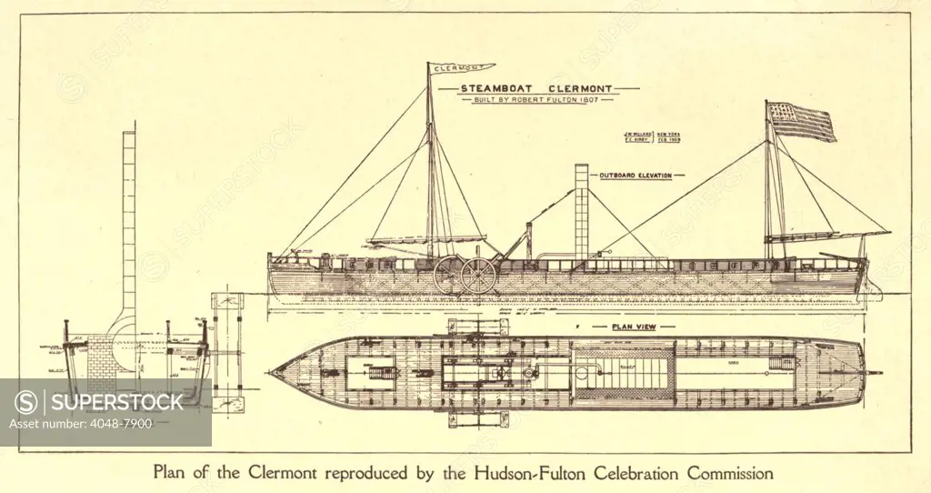 Plan of Robert Fulton's first steamboat the CLERMONT built in 1807. hudsonfultoncele00statuoft_0055