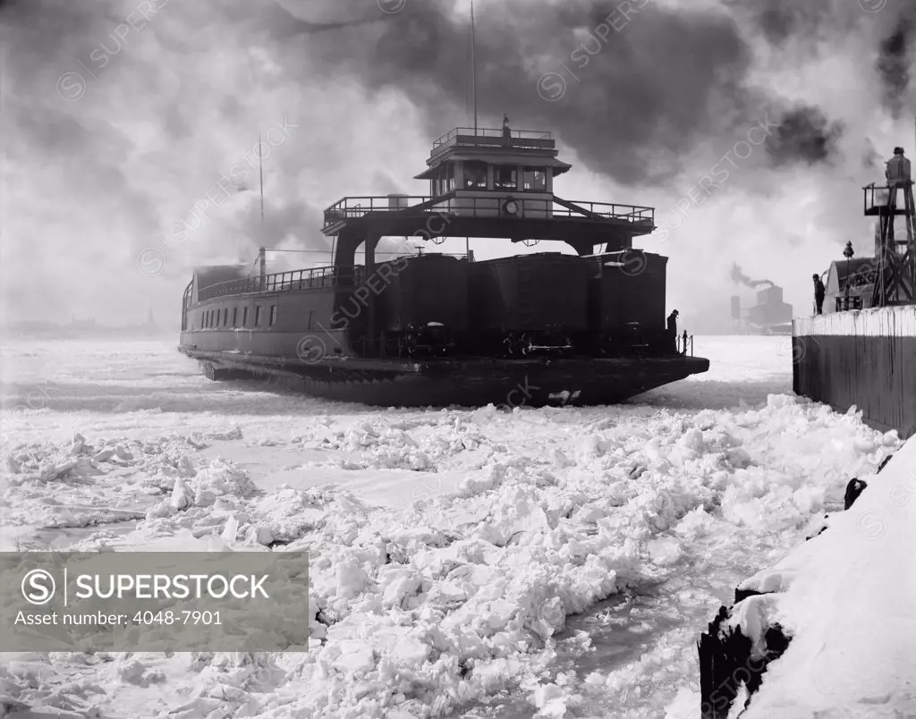 Boxcar ferry of the Michigan Central Railroad entering an iced up slip on the Detroit River. Ca. 1890