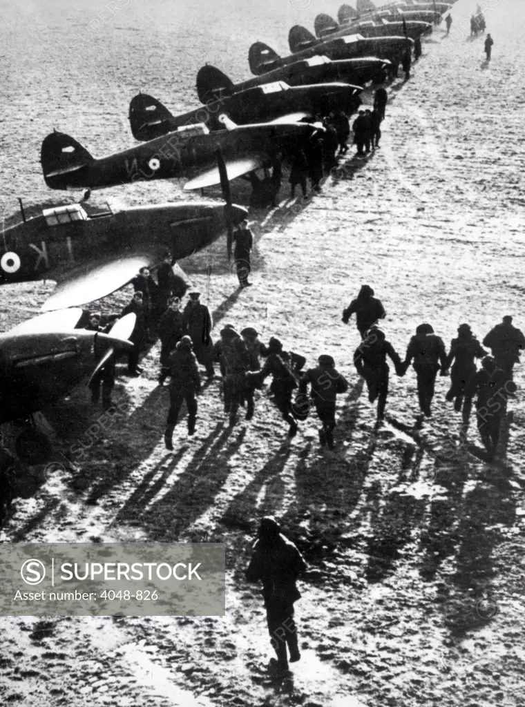World War II, British Royal Air Force pilots running to their fighter planes during the Battle of Britain, 1940.