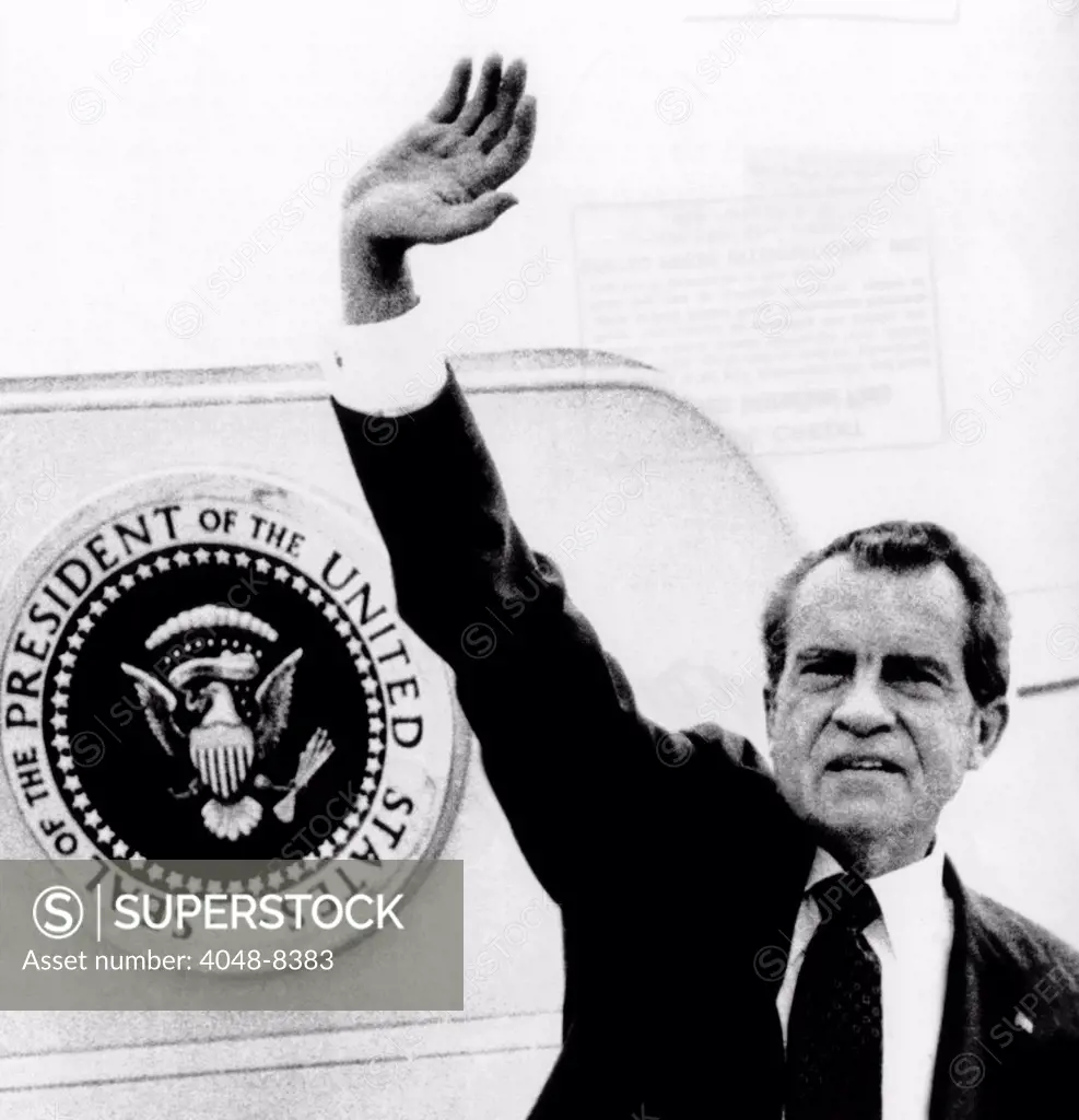 The Presidential Seal at his shoulder for the last time, President Richard Nixon exits Washington. August 9, 1974.