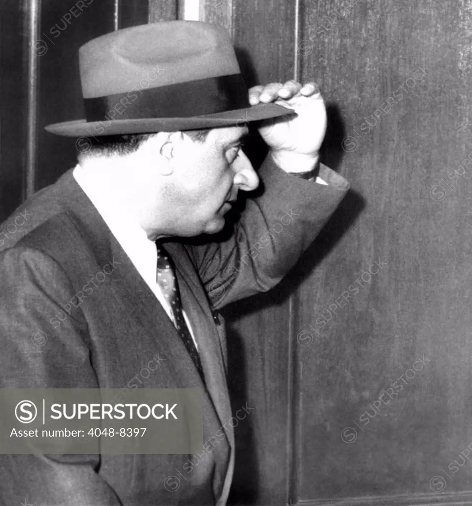 Albert Anastasia enters U.S. District Court in Camden, NJ. The reputed former executioner of Murder Inc., received a one year prison sentence for Federal Tax evasion. June 3, 1955.