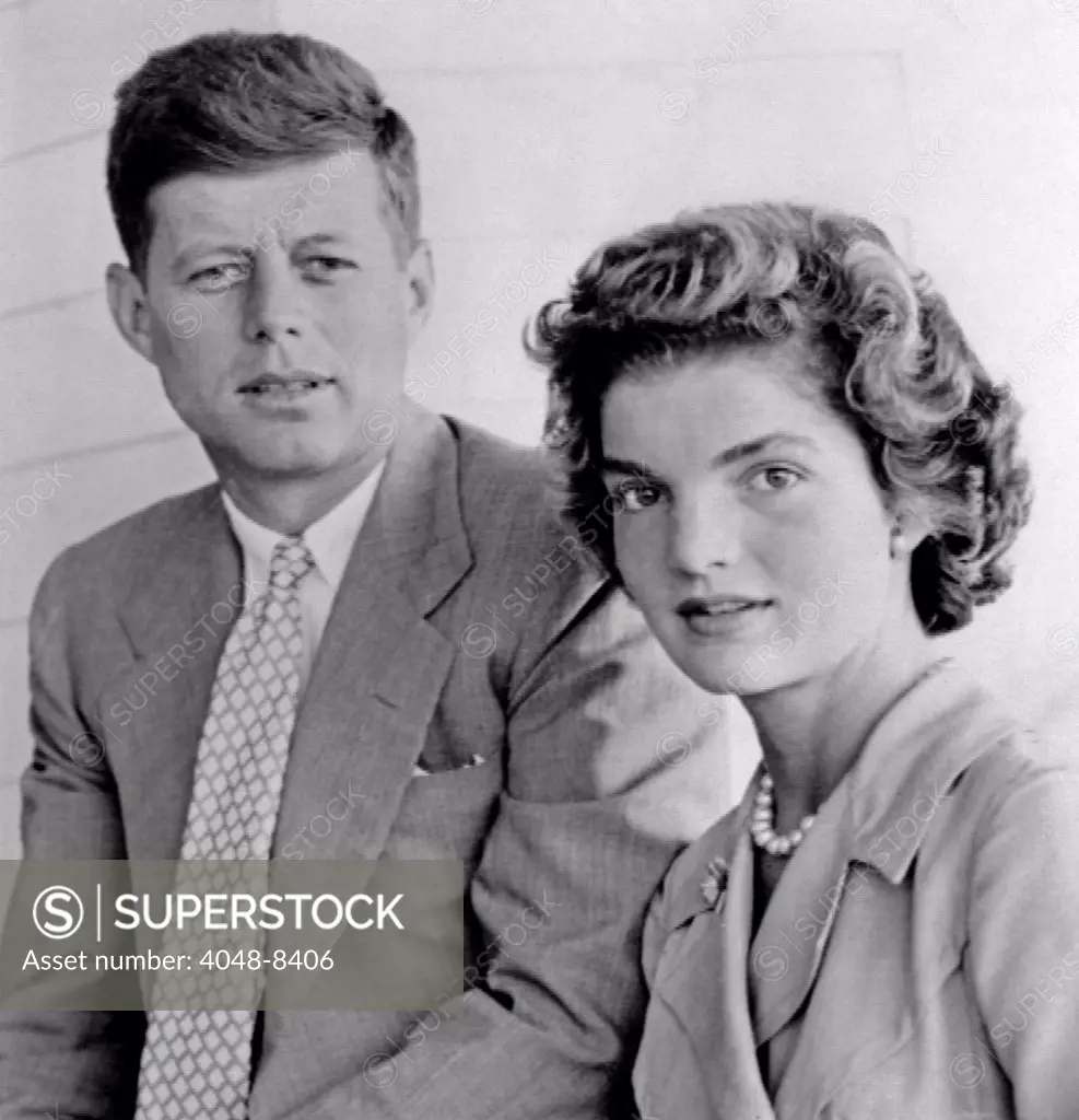 Engagement portrait of John Kennedy and Jacqueline Bouvier. The couple were at the Kennedy family's Hyannisport summer home shortly after announcing their engagement. June 1953.