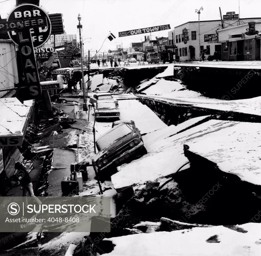 1964 Alaska Earthquake. Anchorage business district's main street was torn apart by the Good Friday Earthquake on March 27, 1964.