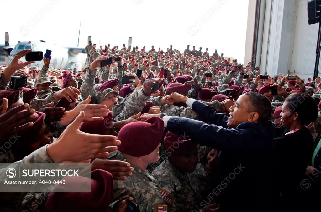 President Barack Obama and First Lady Michele Obama greeted troops following remarks on the end of Americas war in Iraq, at Fort Bragg, N.C. Dec. 14, 2011