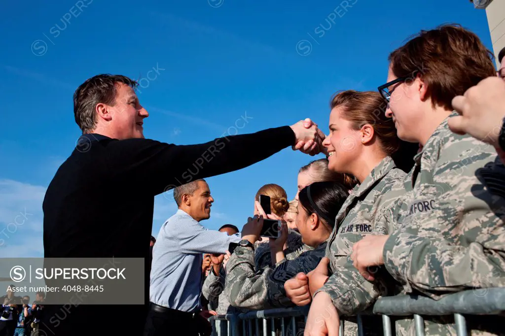 Barack Obama and Prime Minister David Cameron of the United Kingdom greet U.S. service members at Wright-Paterson Air Force Base in Dayton, Ohio, March 13, 2012.
