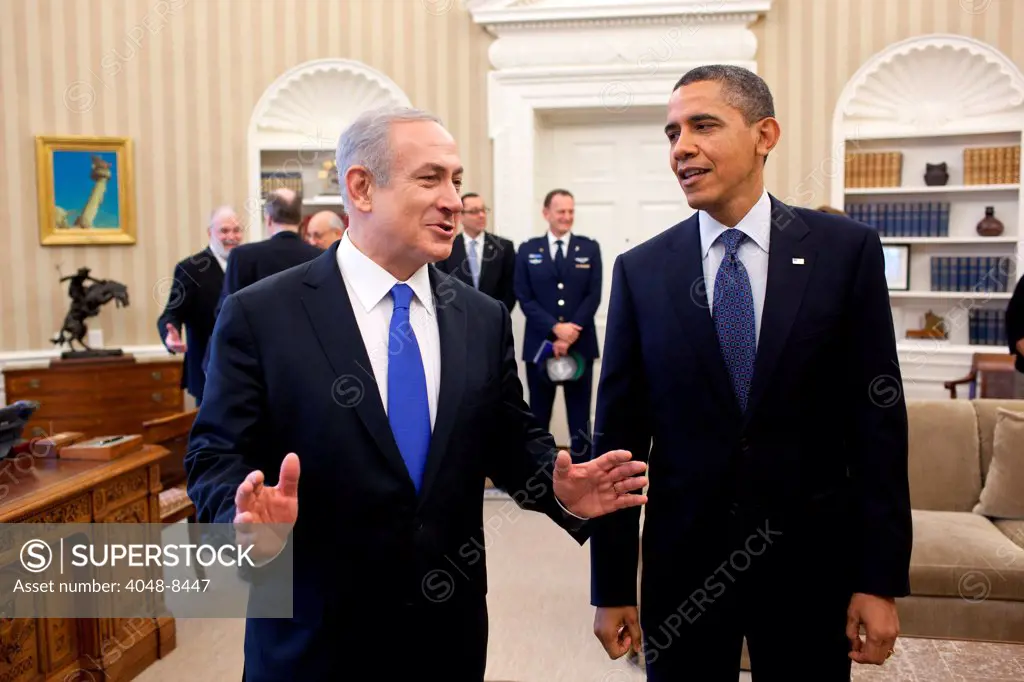 President Barack Obama and Prime Minister Benjamin Netanyahu of Israel talk before their bilateral meeting in the Oval Office, March 5, 2012.