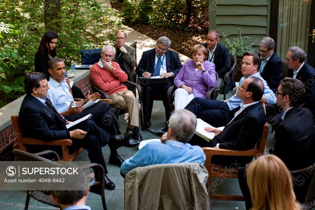 President Barack Obama meets with Eurozone leaders on the Laurel Cabin patio during the G8 Summit at Camp David, Md., May 19, 2012.