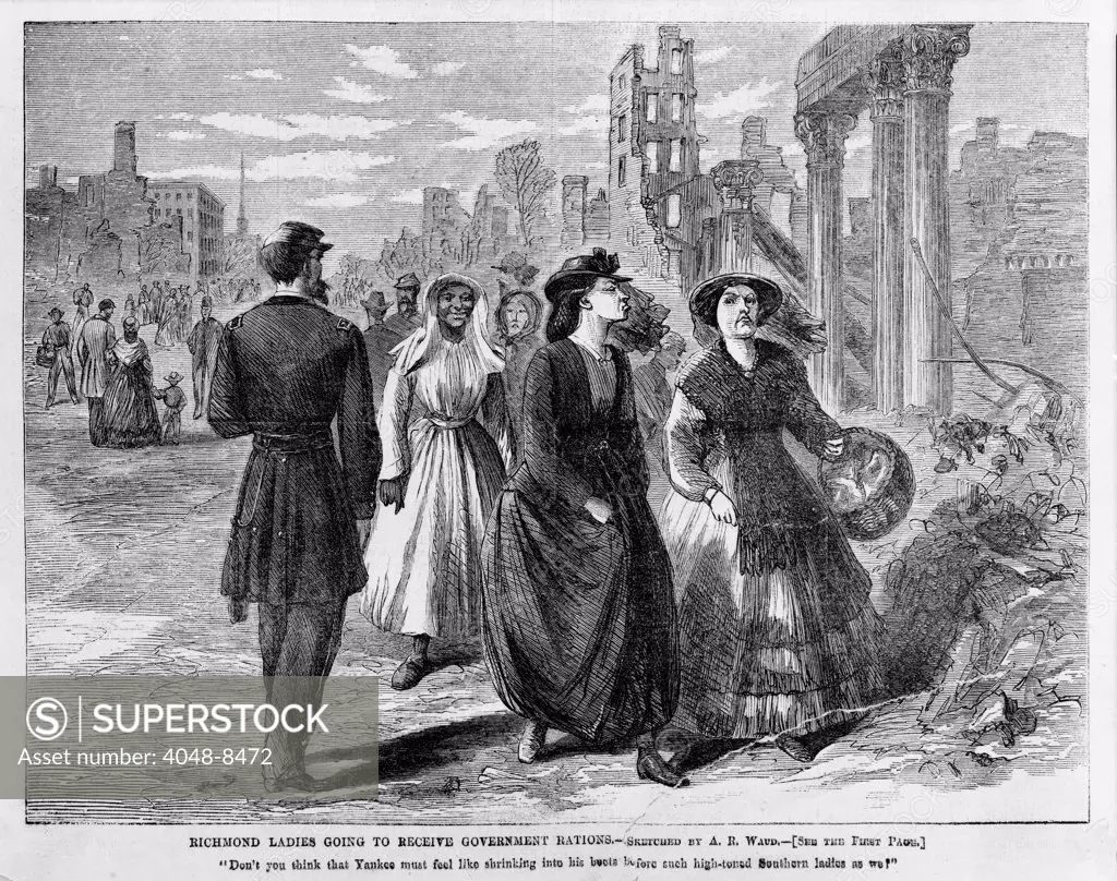 The Civil War. Southern ladies walk by Union soldier and ruins of Richmond going to receive government rations.