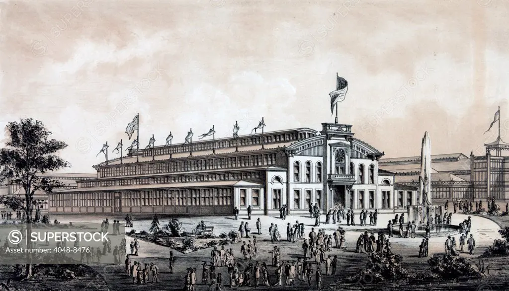Philadelphia, The International Exposition 1876. Print showing exterior view of the ""Shoe & Leather Building"" at the Centennial Exhibition in Philadelphia, Pennsylvania