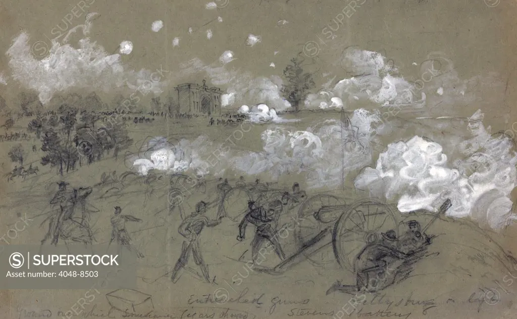 The Civil War. The Battle of Gettysburg. 5th Maine Light Artillery on Cemetary Hill prior to Picketts Charge. A.R. Waud. 1863
