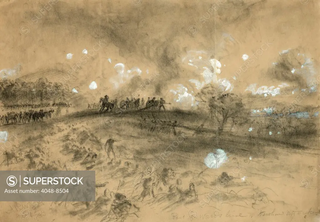 he Civil War. The Battle of Gettysburg. Part of Ward's line, Kershaw attacking. A.R. Waud. 1863