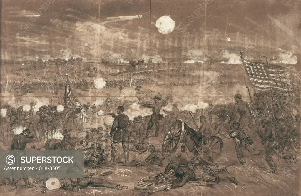 The Civil War. The Battle of Gettysburg. Longstreet's attack upon the left center of the Union lines.  A.R. Waud. 1863