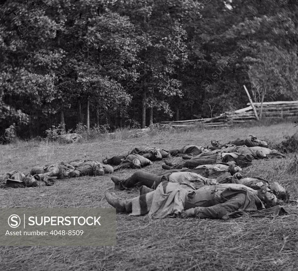 The Civil War. The Battle of Gettysburg. Confederate dead gathered for burial at the southwestern edge of the Rose woods, July 5, 1863