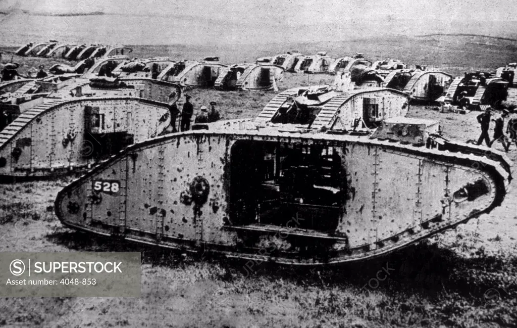 World War I, English tanks ready for action in France, 1917