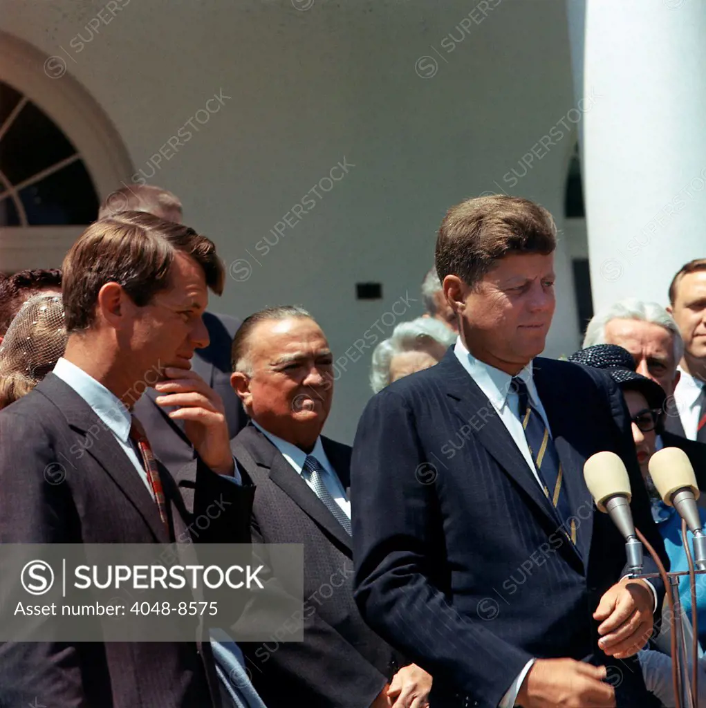 J. Edgar Hoover joins President John Kennedy for White House ceremony. L to R: Attorney General Robert Kennedy, J. Edgar Hoover, President Kennedy. May 7, 1963.