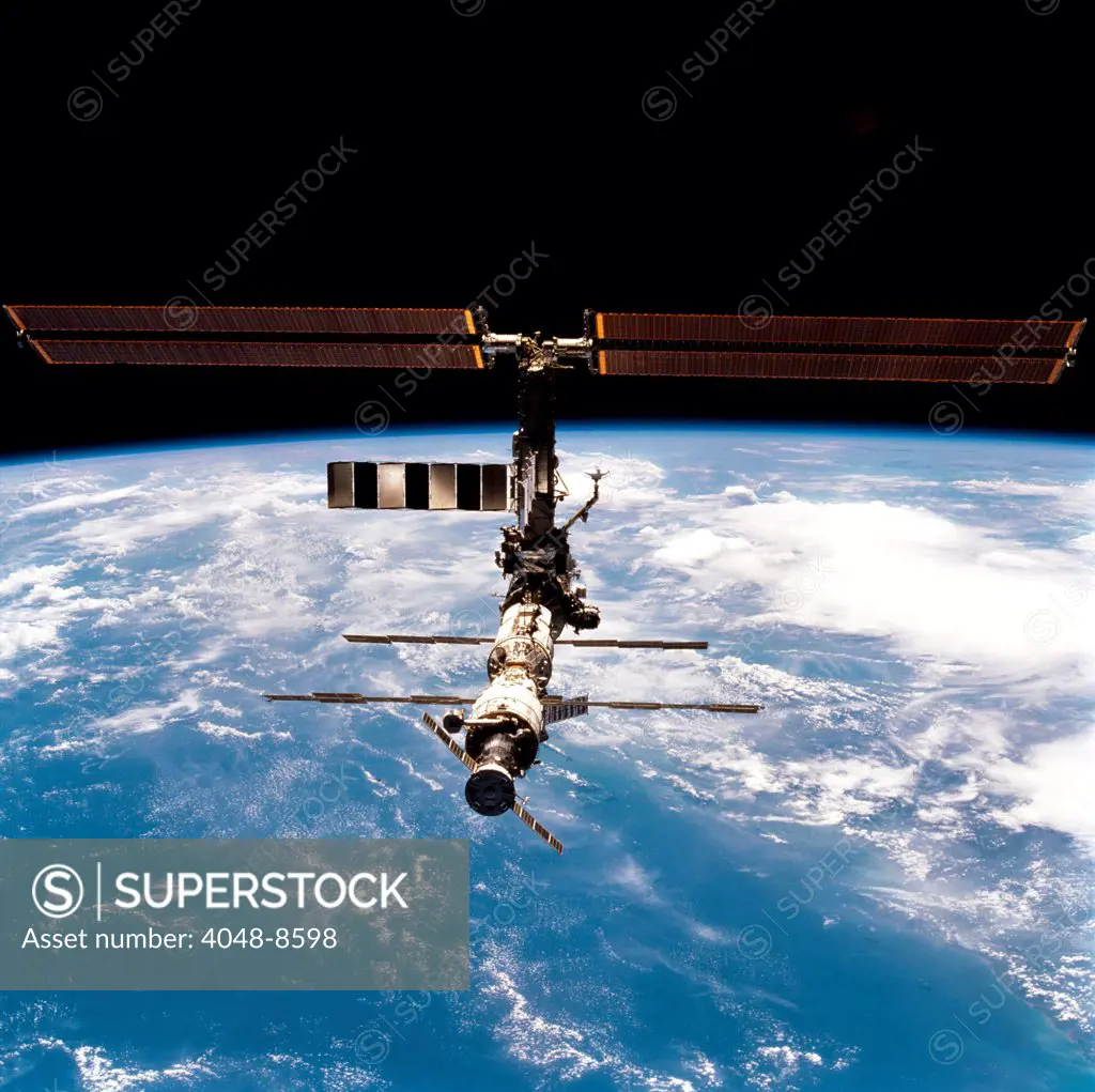 International Space Station in 2001. Photo made from the Space Shuttle Discovery after joint mission and an crew exchange. March 18, 2001.